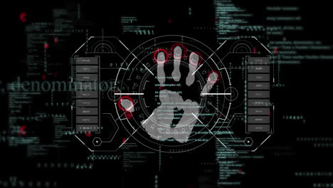animación del procesamiento de datos y fondo biométrico de huellas de mano