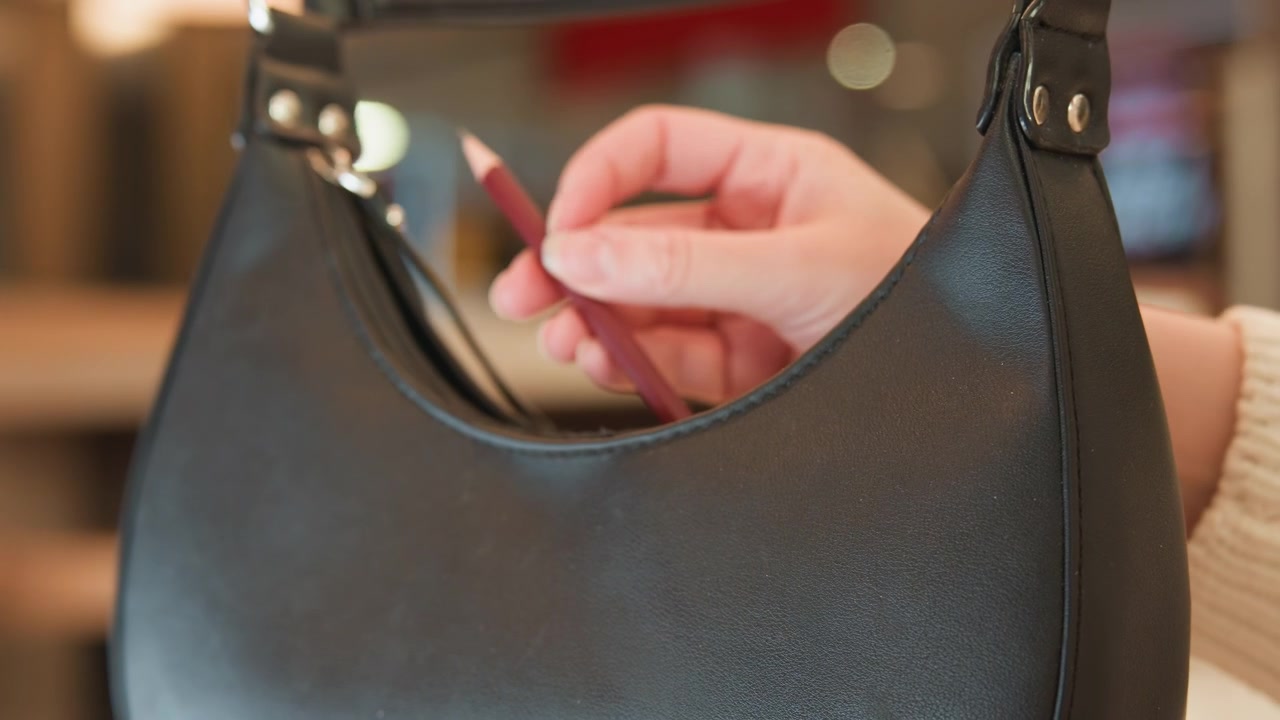 Primo piano di una mano che inserisce una tessera sottile in una borsa in pelle nera testurizzata nell'apertura superiore, azione visibile di inserimento e un sottile movimento della mano che suggerisce un pagamento o un'organizzazione personale; borsa curva.