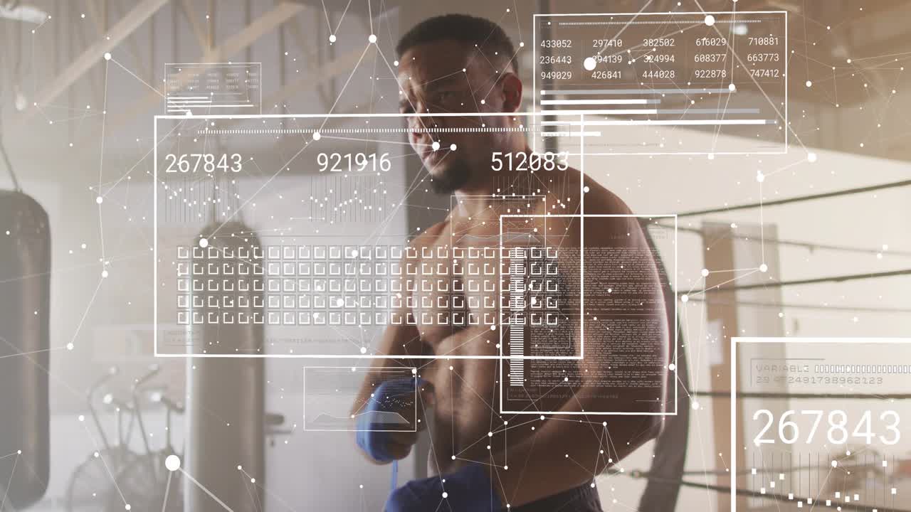 Preparing fitness boxer wrapping blue wraps tightening assuming stance, HUD panels updating metrics