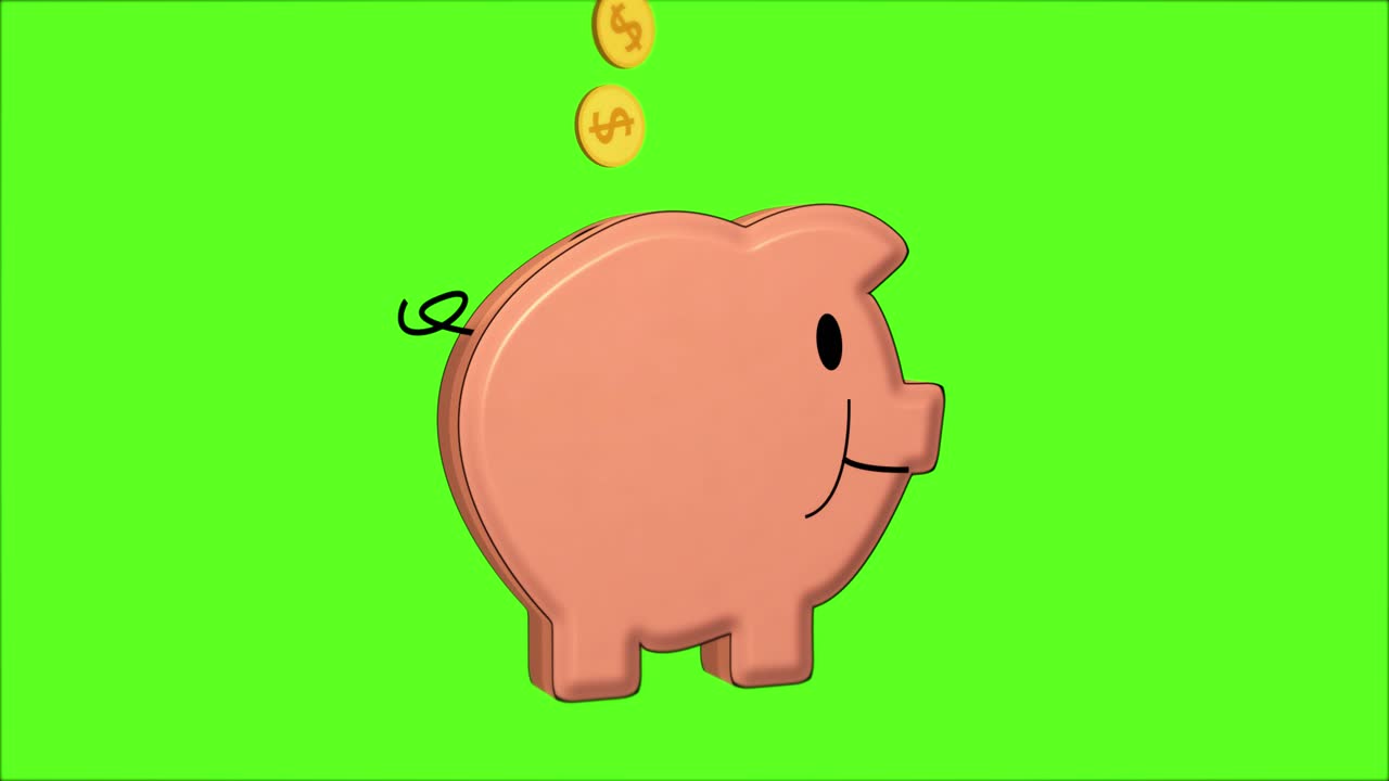 Animation of a happy piggy bank being filled with golden coins