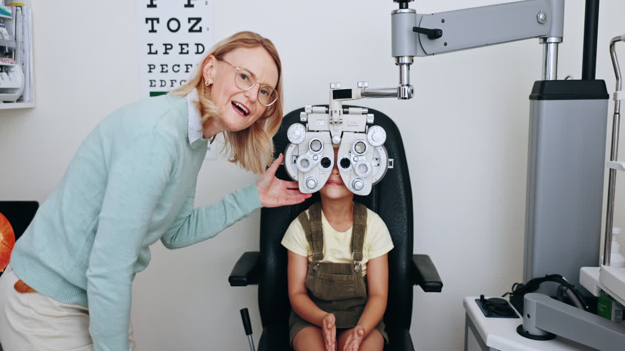 Eye exam, optometry and woman with child
