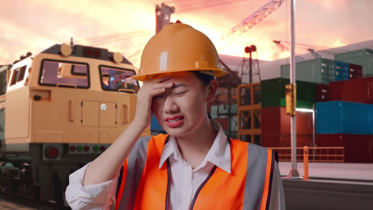 Close Up Of Asian Female Engineer With Safety Helmet Having A Headache While Working With Freight Cargo Train At Port