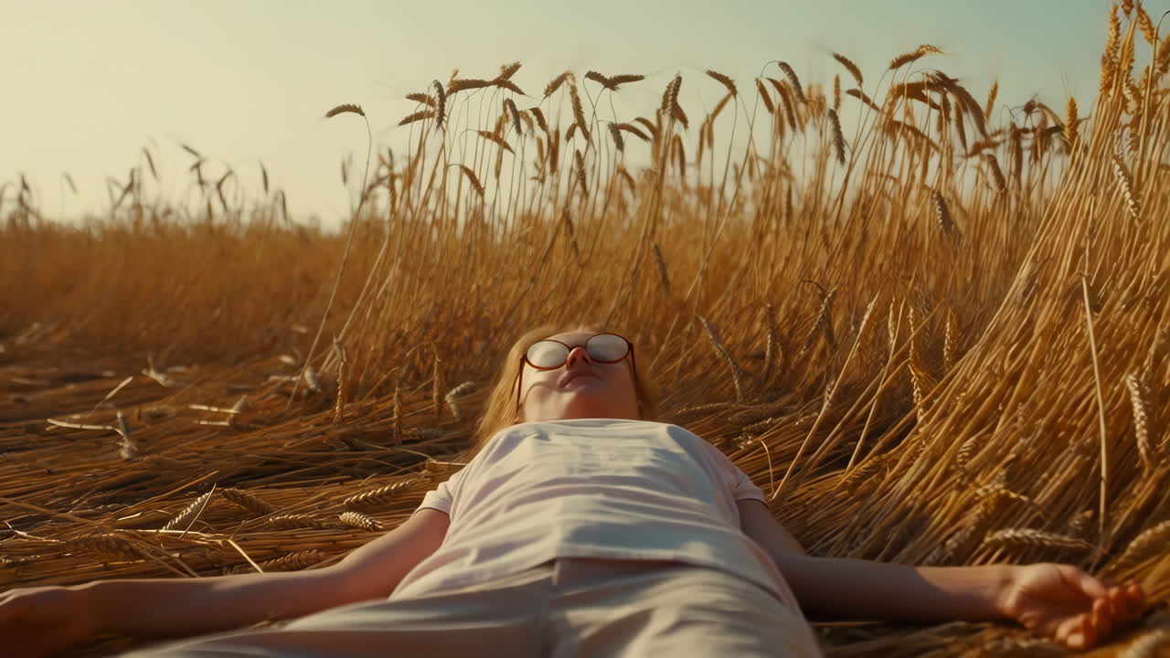 A person lying in a golden wheat field during sunset