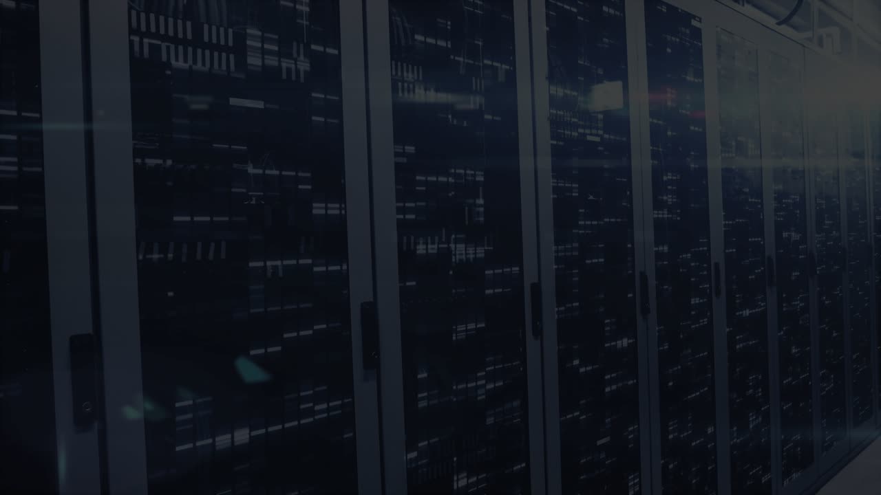 Camera panning along server racks causing blue rings rotating around payment card securing data
