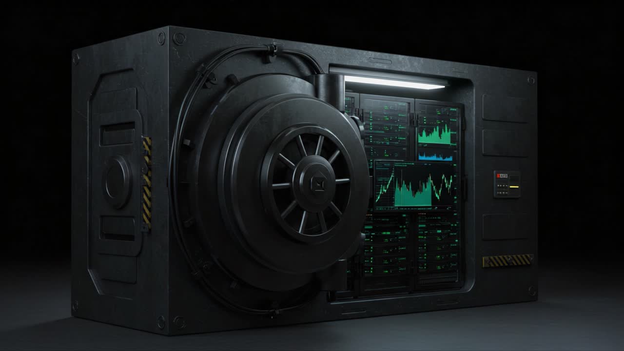 A High-Tech Vault Featuring Advanced Data Displays and Monitoring Panels, Showcasing Intricate Design and Cutting-Edge Security Features