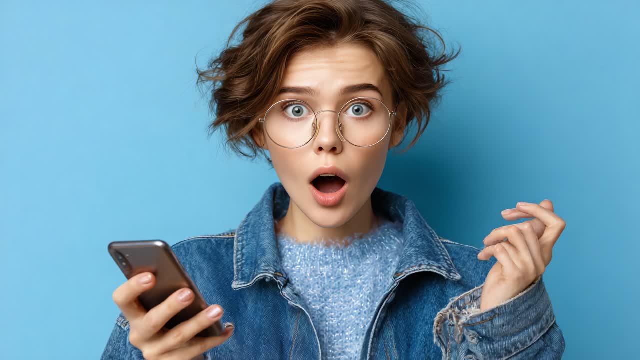 Astonished Young Woman Reacting to a Surprising Message on Her Phone Against a Soft Blue Background, Capturing the Essence of Surprise and Intrigue in Everyday Digital Life
