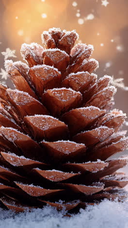 a pine cone is covered in snow and is sitting on the ground. the snow around the pine cone creates a peaceful and serene atmosphere