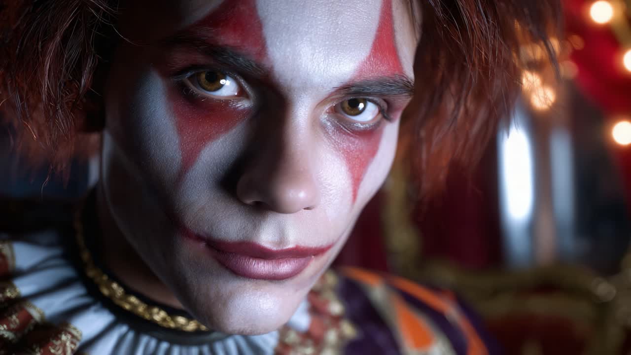 A Closer Look at an Eerie Clown Portrait with Striking Features and Dramatic Makeup in a Colorful Circus Setting