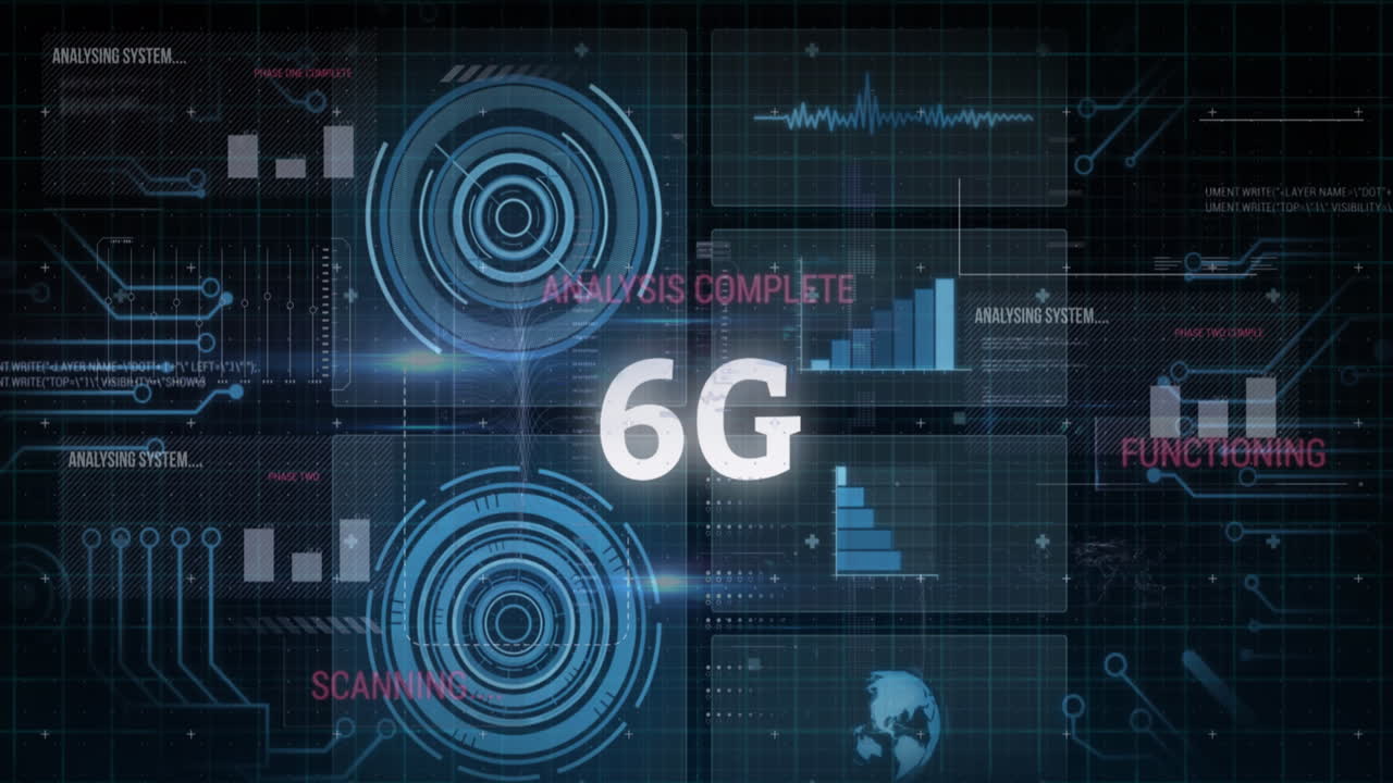 Animation of 6g text, data processing over screens