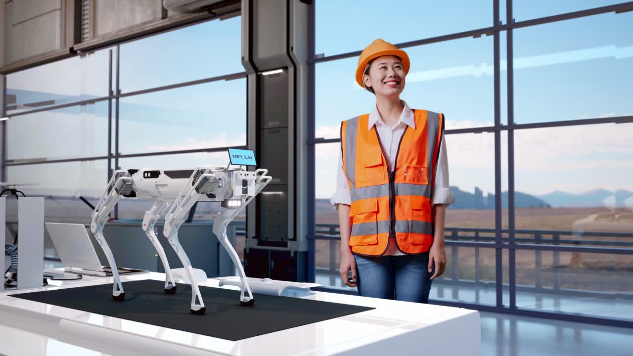 полное тело азиатской женщины-инженера с защитным шлемом смотрит вокруг, стоя на высокотехнологичном заводе, анализируя концепцию робототехники