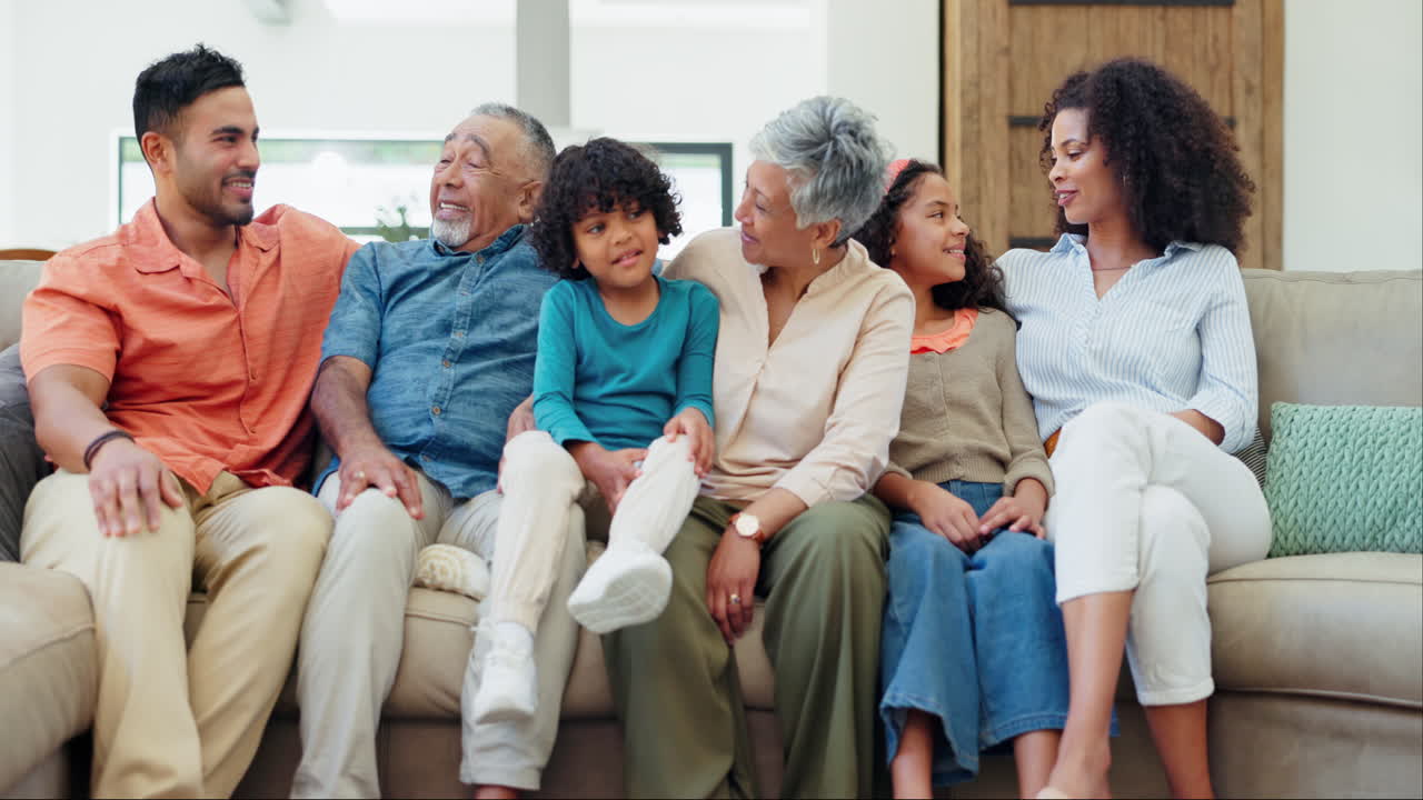 Love, relax and happy big family on sofa