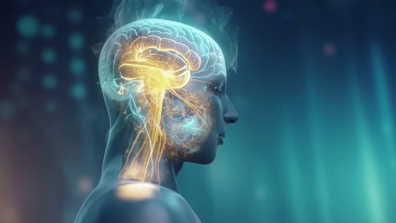 Vista lateral de un cerebro y sistema nervioso luminosos en un estilo de video futurista