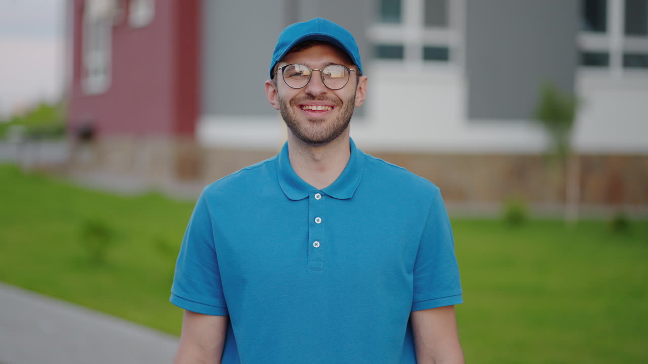 안경을 쓴 배달업자가 카메라를 쳐다보고 웃습니다. 택배업자는 카메라를 쳐다보고 웃습니다. 슬로우 모션