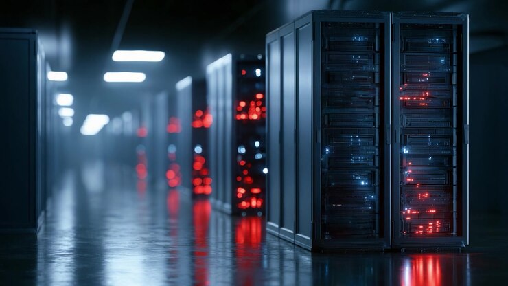 A Glimpse Into the Heart of Technology: Rows of Illuminated Data Servers in a Modern Server Room Environment, Showcasing Advanced Networking Infrastructure and Digital Storage Solutions