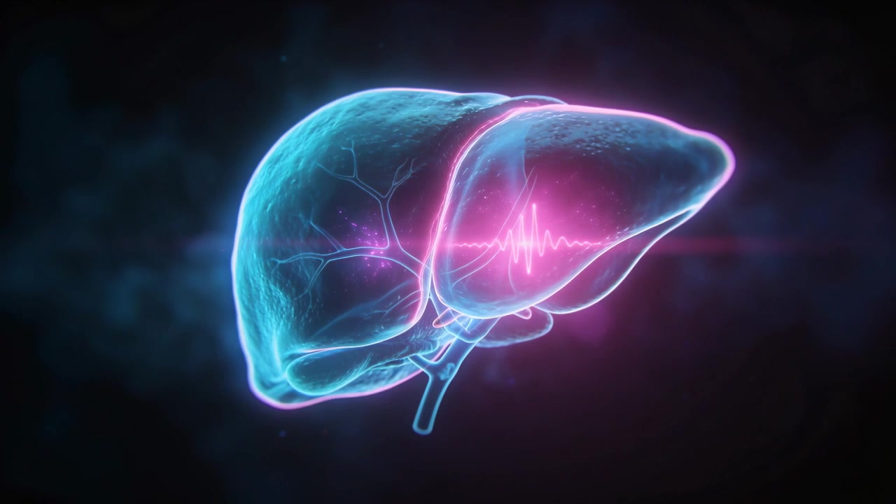 Rotating cyan liver, right lobe pulsing pink ECG trace and vessels on play in dark space