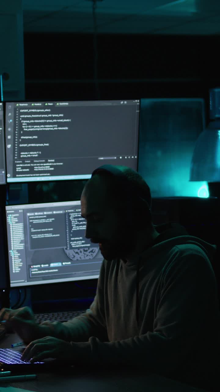 Vertical video: Young IT coder yawning and working on new interface
