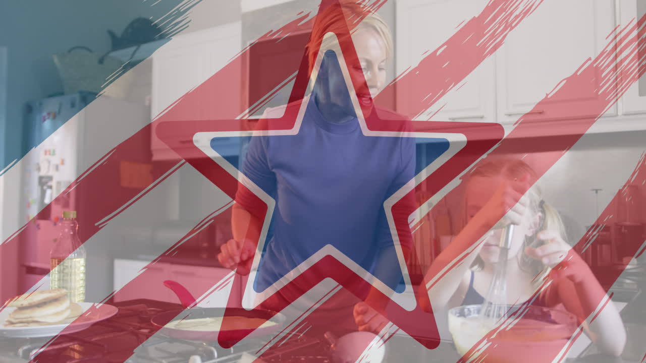 미국  ⁇ 발 디자인 패턴과 박동하는 별 위에 백인 어머니와 딸이 함께 베이킹