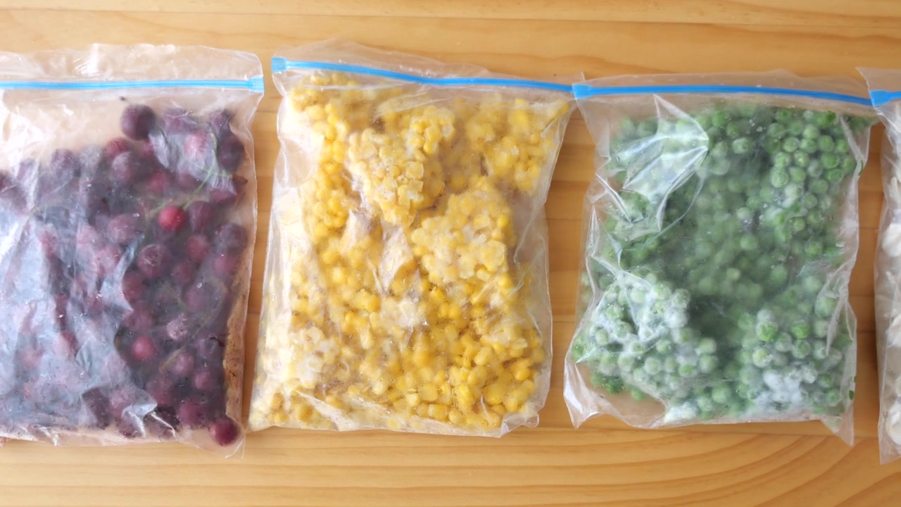 Frozen Vegetables and Berries in Plastic Storage Bags