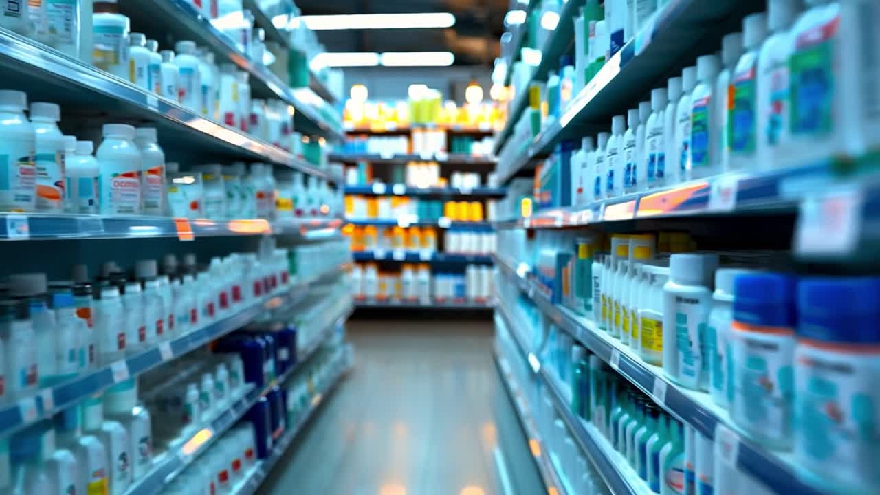 Pharmacy shelves filled with medications and health products