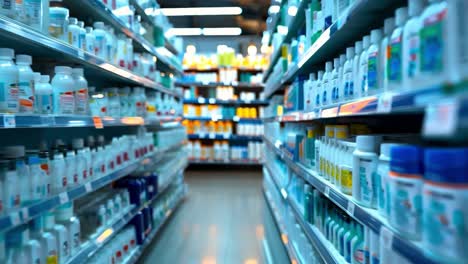 pharmacy shelves filled with medications and health products