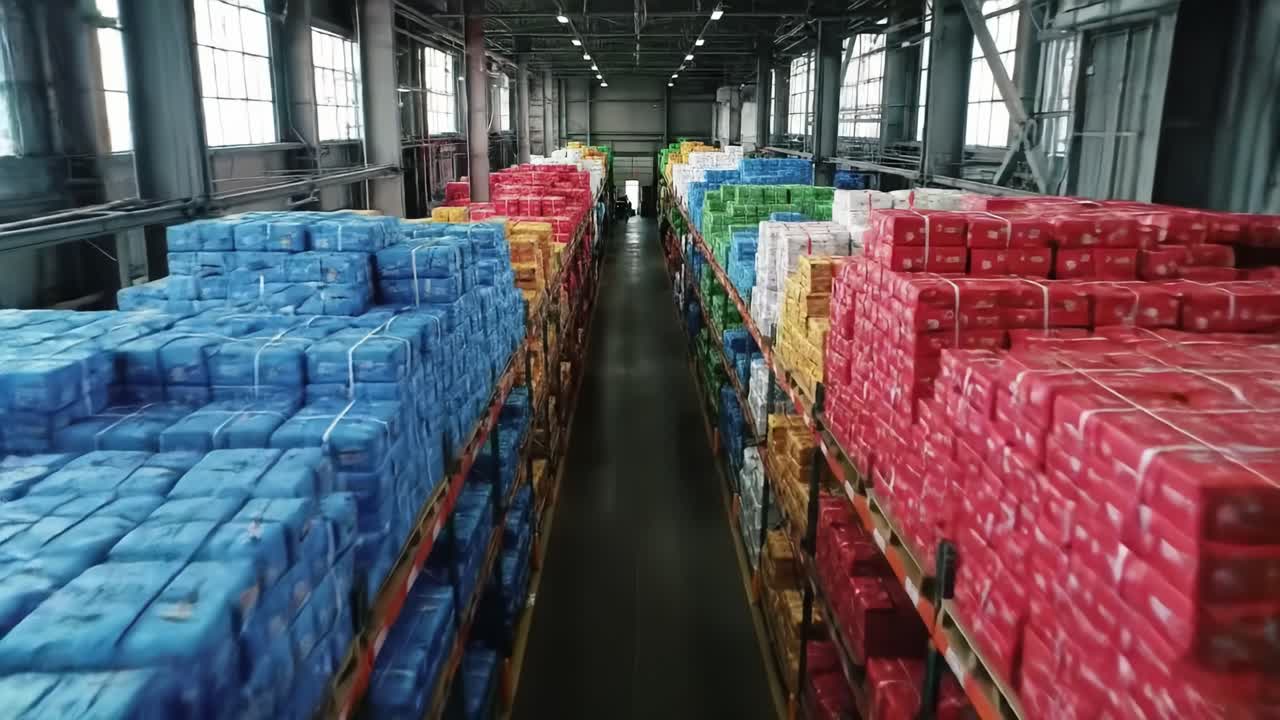 Rows of colorful boxes fill a spacious warehouse, showcasing an organized system for inventory management. Workers can be seen maneuvering through the aisles, highlighting efficient storage.