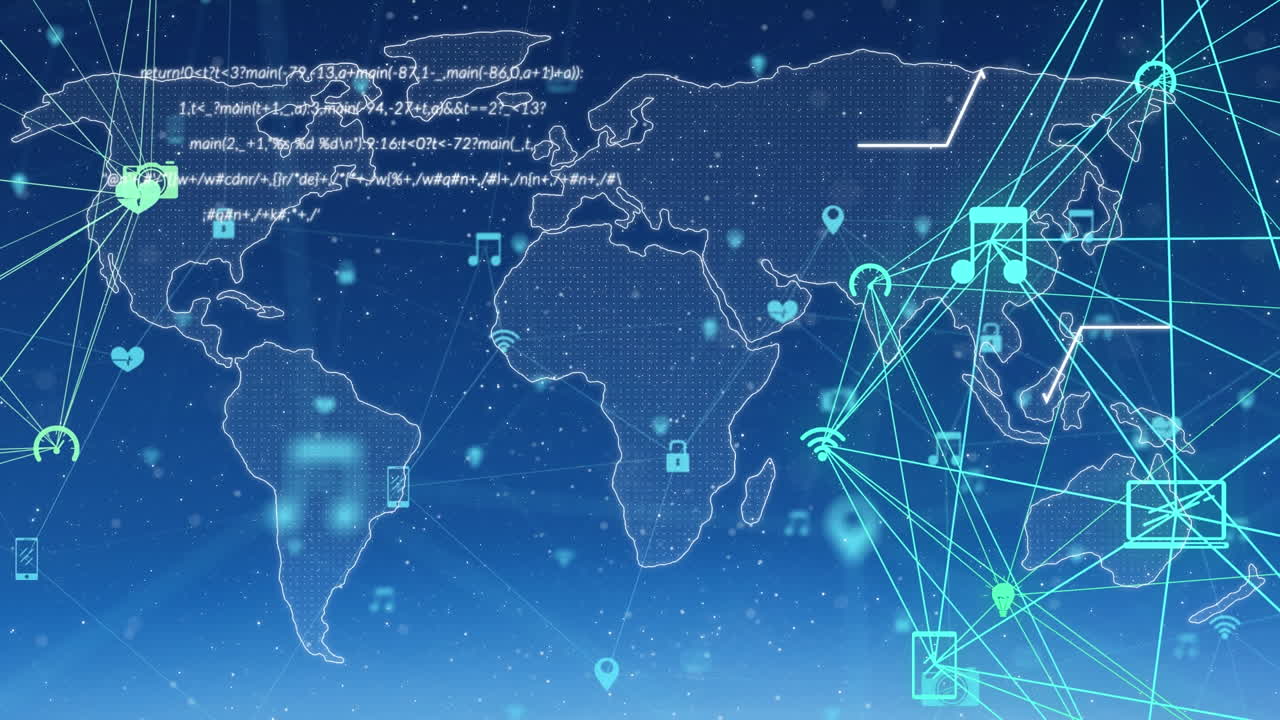 세계 지도를 가로지르는 연결 네트워크의 애니메이션