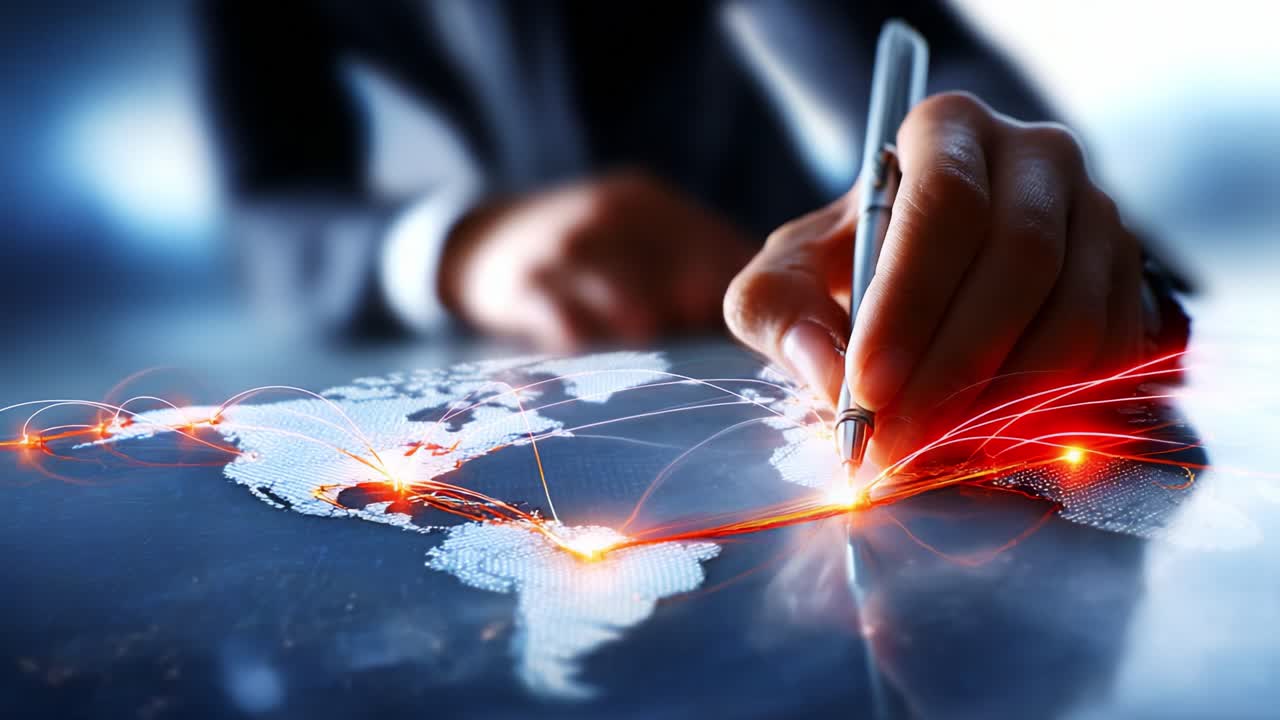 Hand using a pen to draw connections on a digital world map, illustrating global communication and networking concepts with vibrant glowing lines and modern interface