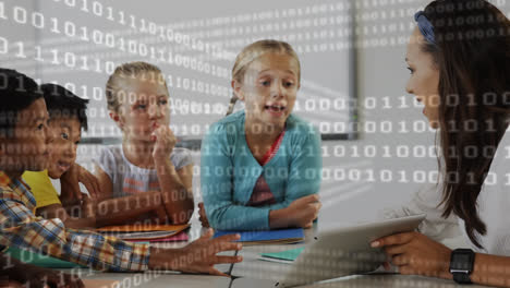 teacher teaching kids on digital tablet