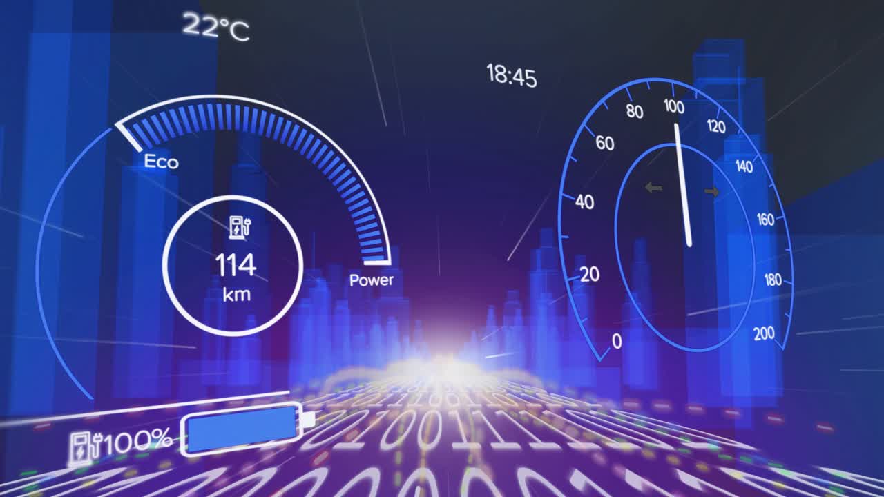 Dashboard starting charging on low-battery, transitioning into driving simulation showing stats