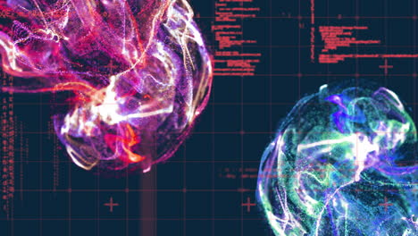 animation of shapes with light trails over data processing on black background