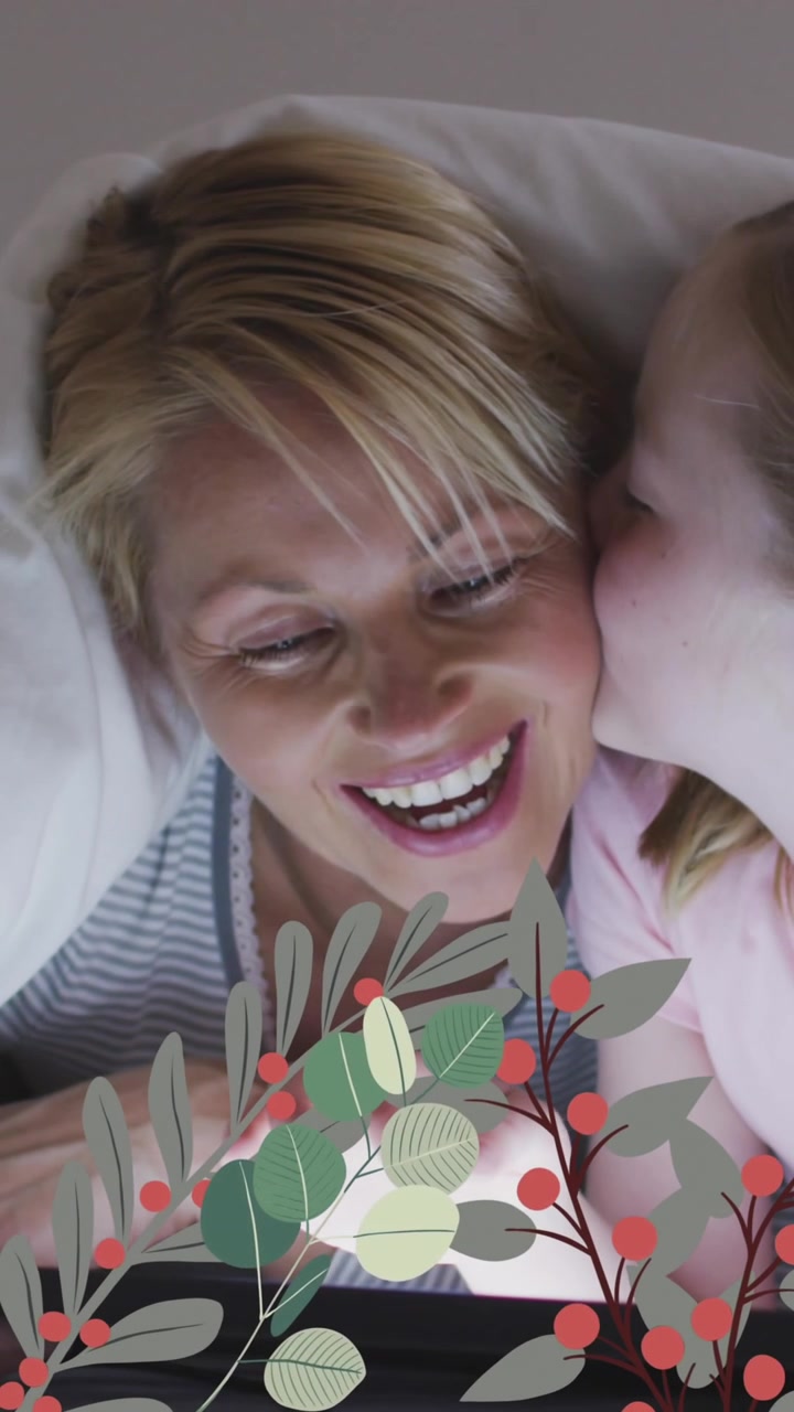 Animazione di fiori su una madre e una figlia caucasiche felici che parlano a letto.