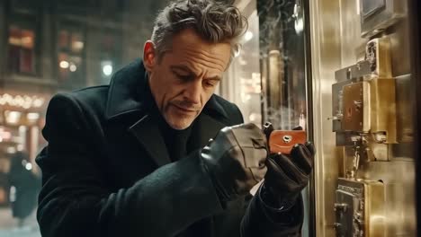 man with wallet in front of safe deposit boxes