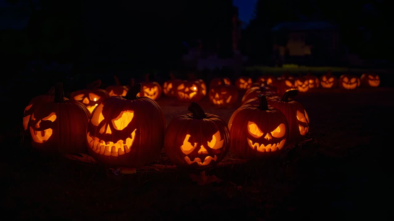 Starting shot, camera panning showing jack-o'-lanterns across yard with lit candles and fall leaves