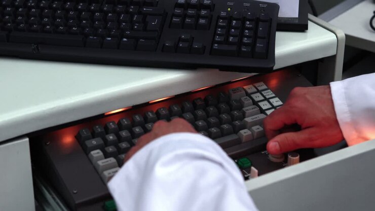 Young science student typing on keyboard