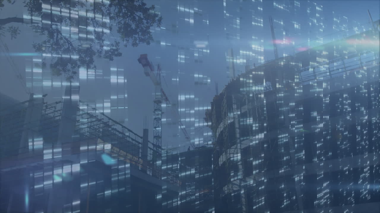 Concrete framework being built in foggy digital construction zone, tower cranes streaming overlays