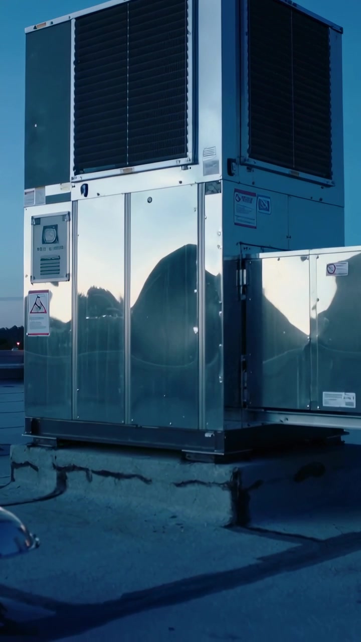 Vertikal video: Kamera i bevægelse fanger HVAC-enhed på tag ved skumringstid, afslører ventilationskanal og refleksioner