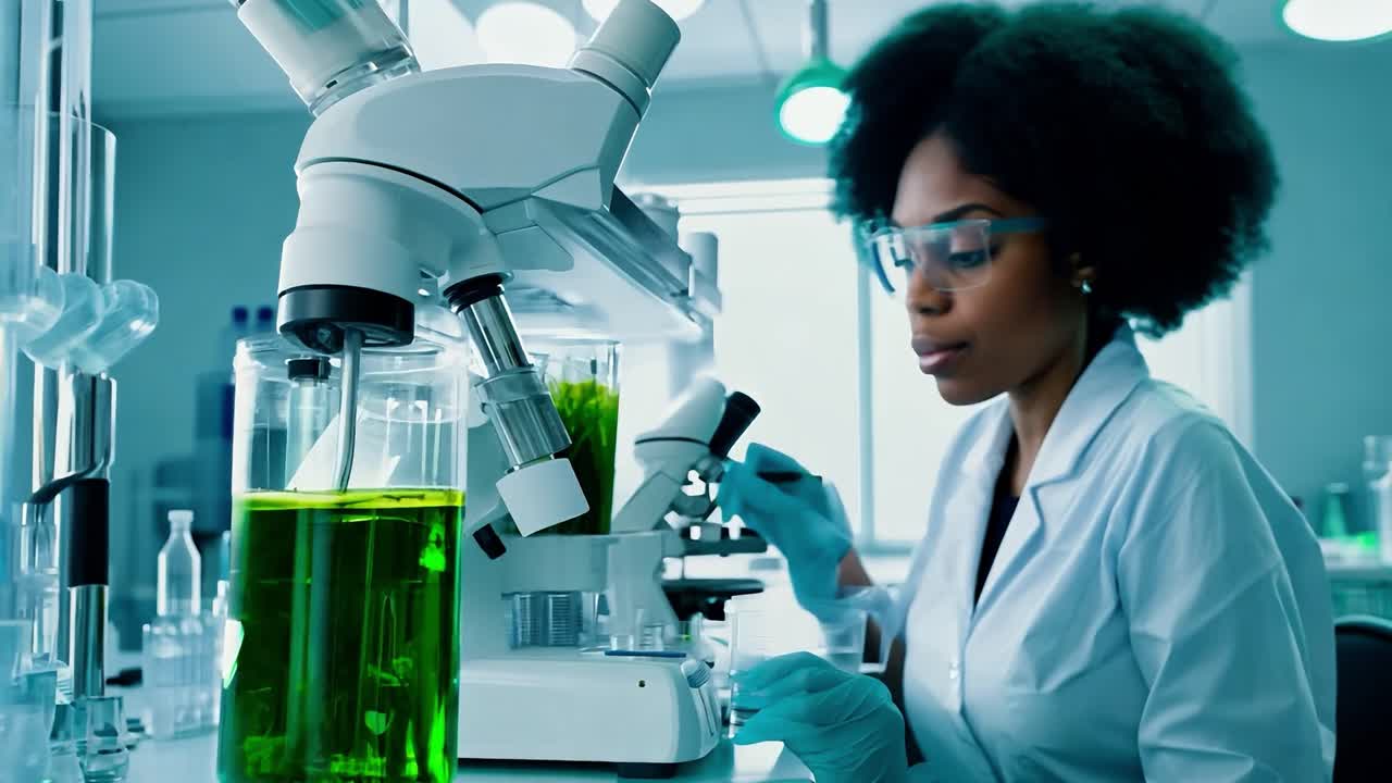 A female scientist works in a laboratory, using a microscope to examine a sample of green liquid. She is wearing a lab coat, gloves, and safety glasses.