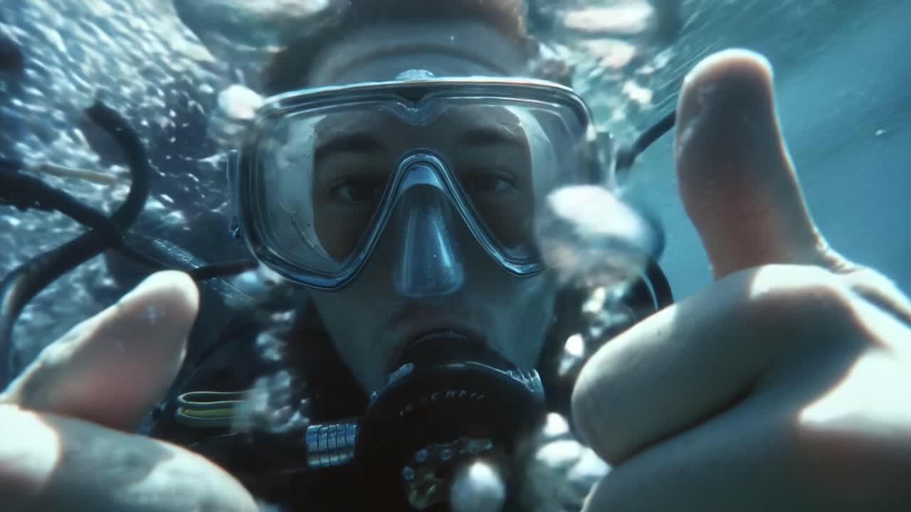 An Enthusiastic Underwater Diver Displays a Thumbs-Up Gesture, Capturing the Joy and Adventure of Scuba Diving While Surrounded by Glimmering Bubbles and Aquatic Life, Engaging in an Exciting Marine Exploration