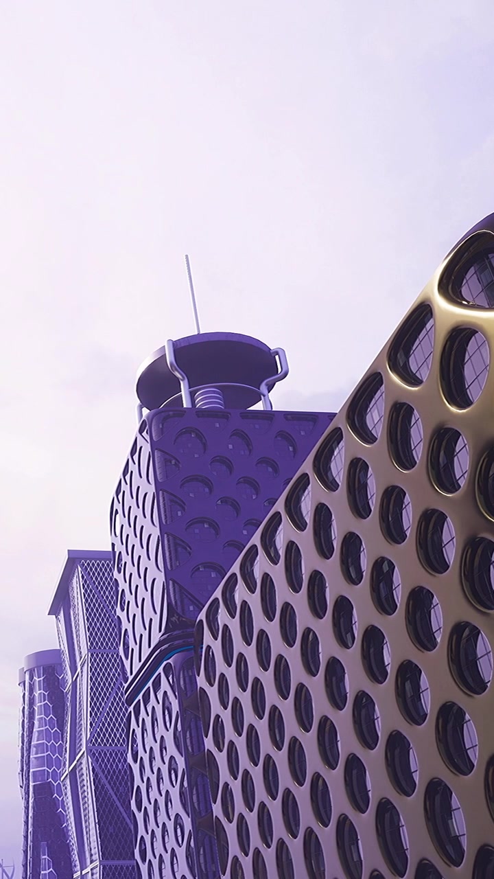 Estrutura de edifício moderno com janelas redondas em cenário urbano ao pôr do sol.