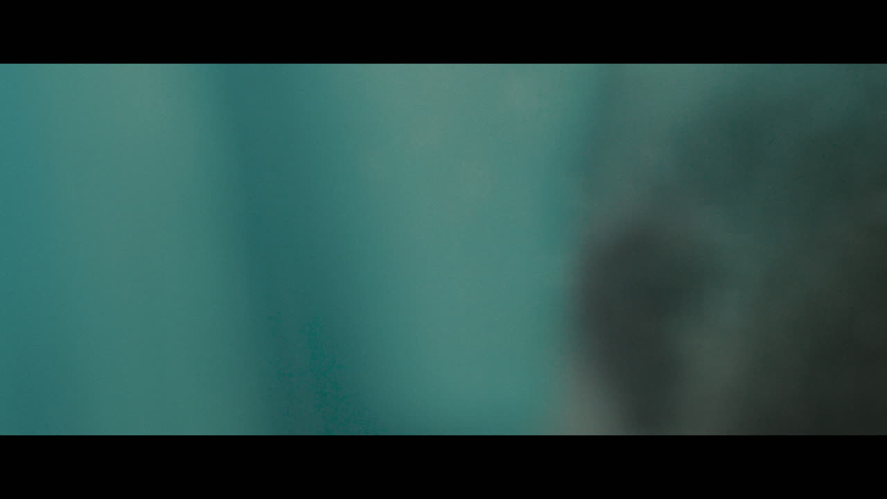 A bald dangerous looking man looks on his face in the bathroom mirror