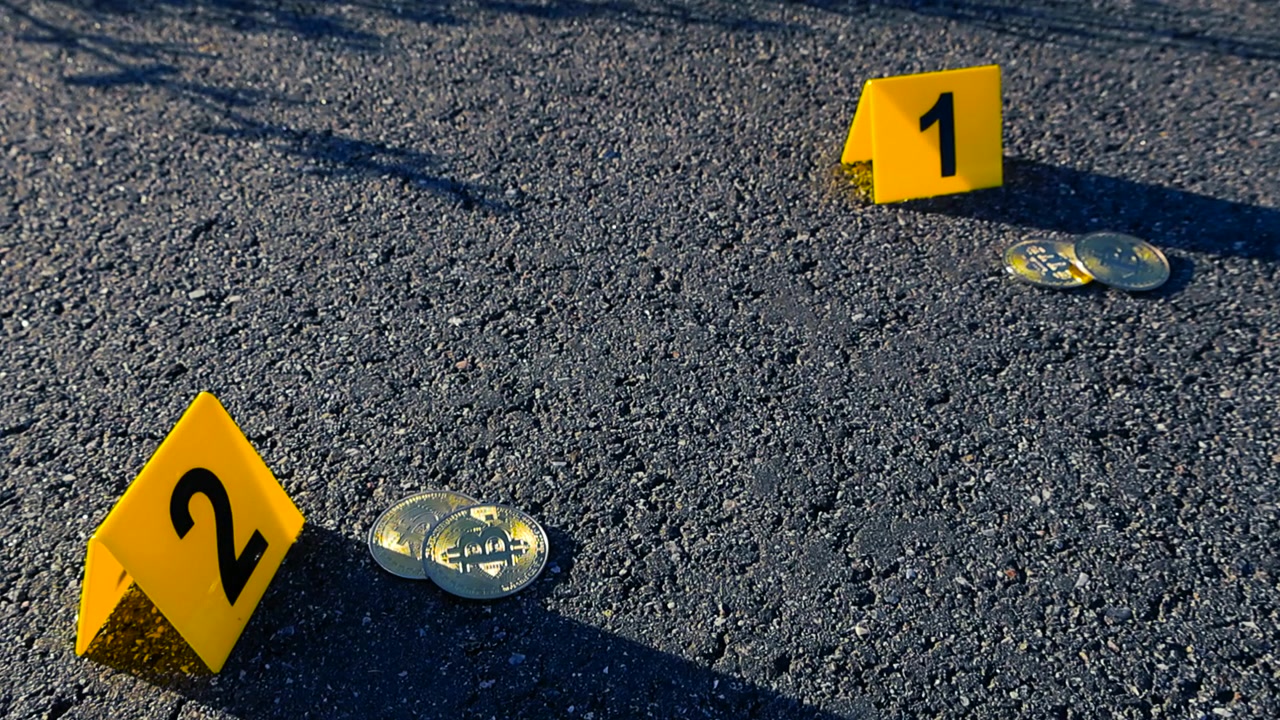 Conceptual take on cryptocurrency crime, with bitcoin coins on asphalt road next to yellow evidence markers at a crime scene, symbolizing a forensic investigation into digital currency