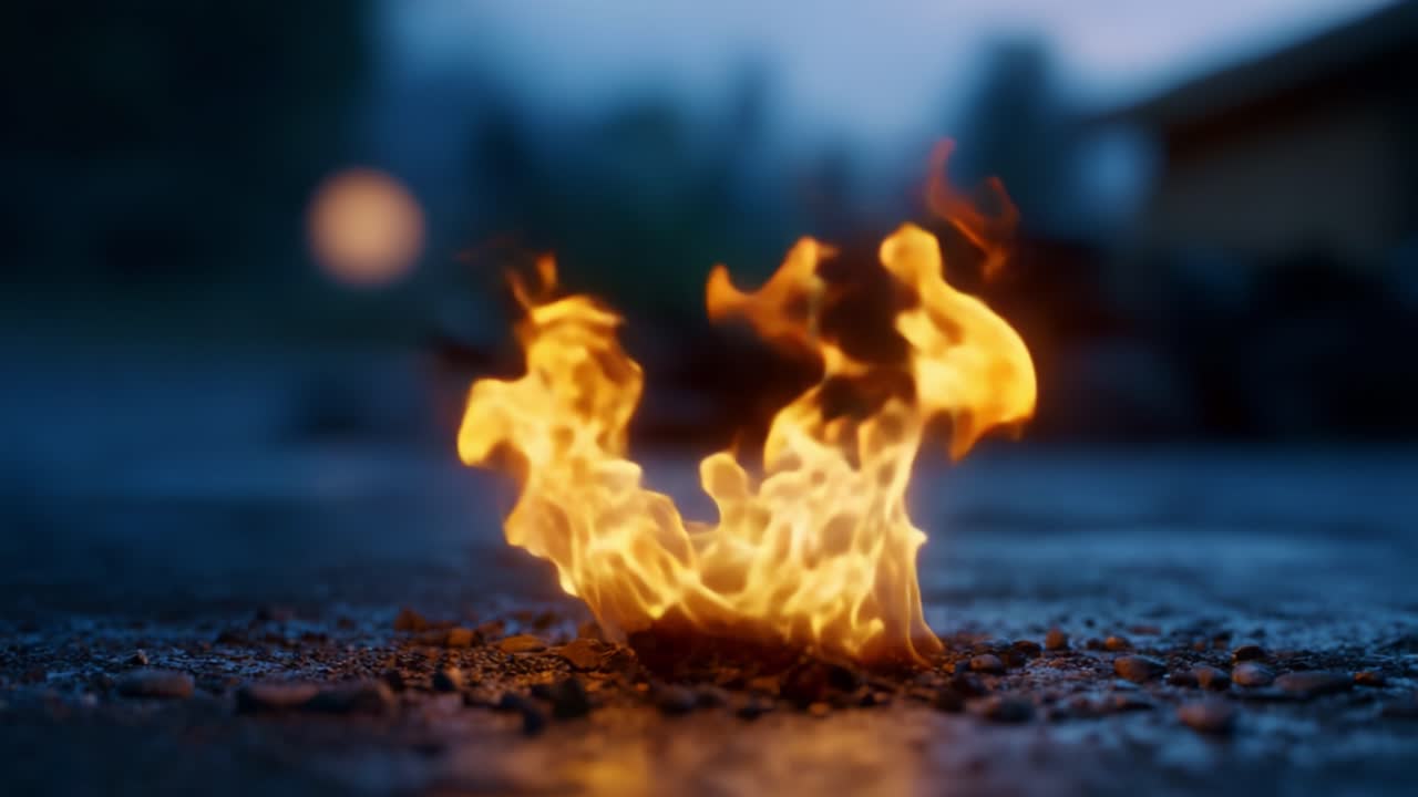 A mesmerizing display of vibrant flames on a damp surface, flickering and dancing in the cool evening air, illuminating the surroundings with a warm glow