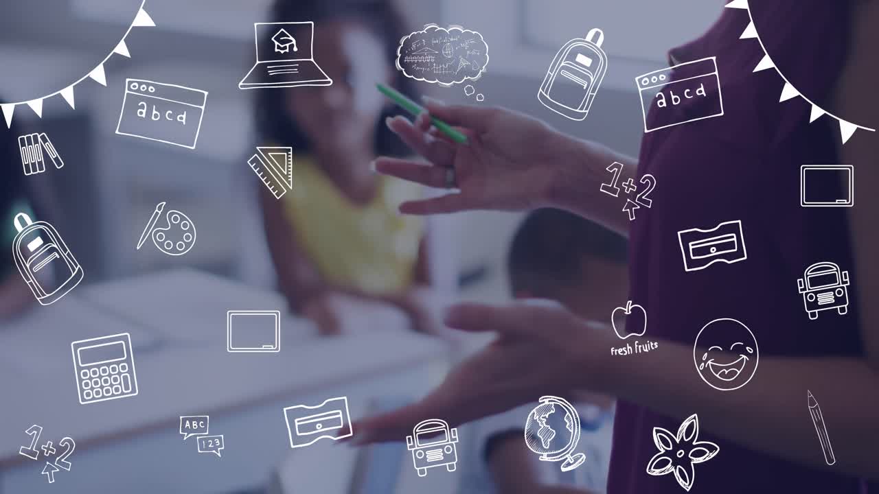 학생들에게 설명하는 다양한 여성 교사의 손 위에 학교 아이콘의 애니메이션