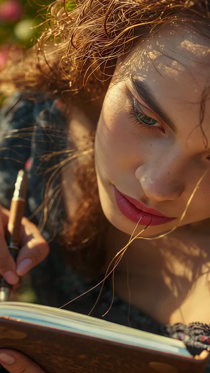 Video verticale: donna con top stampato che legge un libro in giardino, sole che filtra tra le foglie che la fa sorridere, pagliuzze sulle labbra