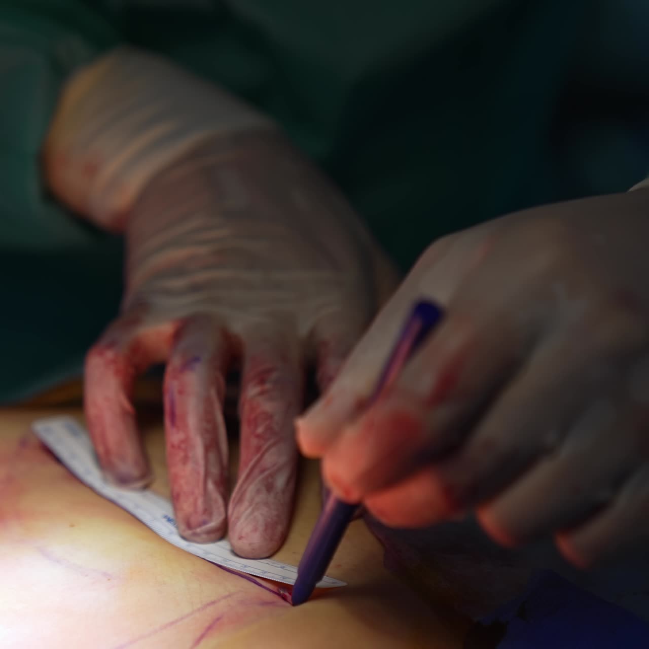 Doctor draws line on patient's belly during operation. Hands of surgeon in gloves with blood on abdomen during liposuction procedure. Close-up