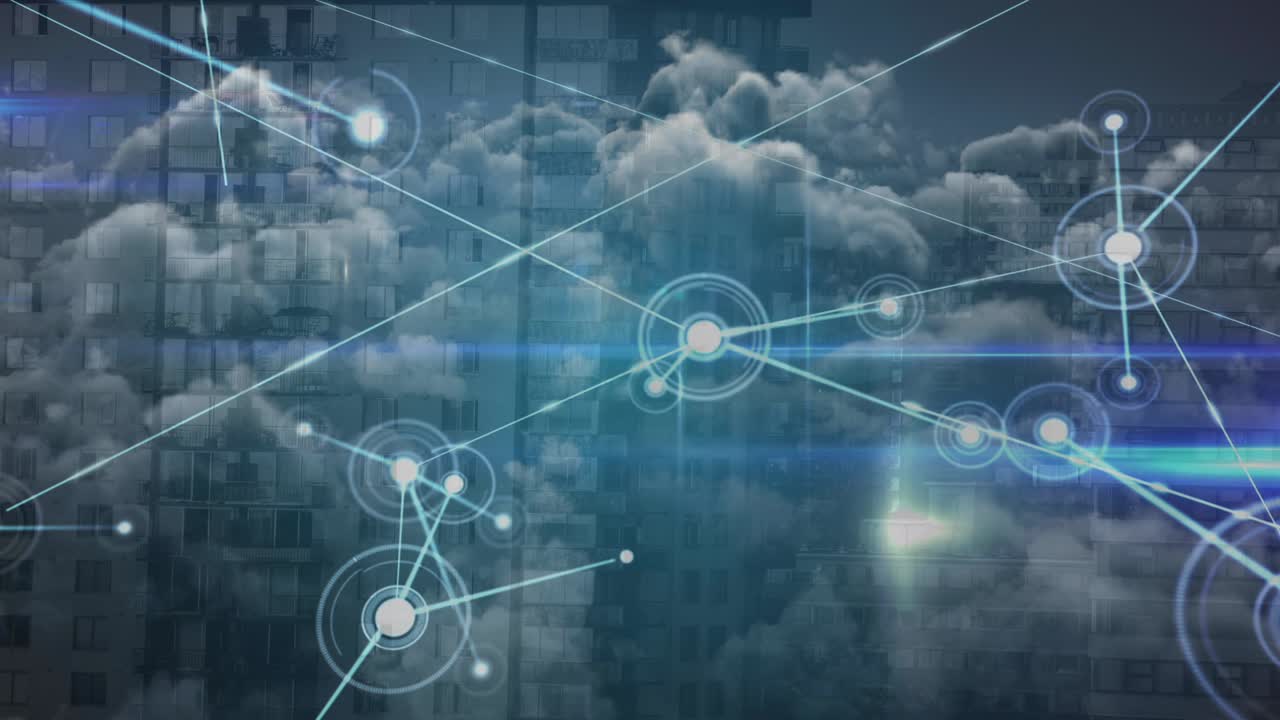 Animation of network of connections over modern building and clouds