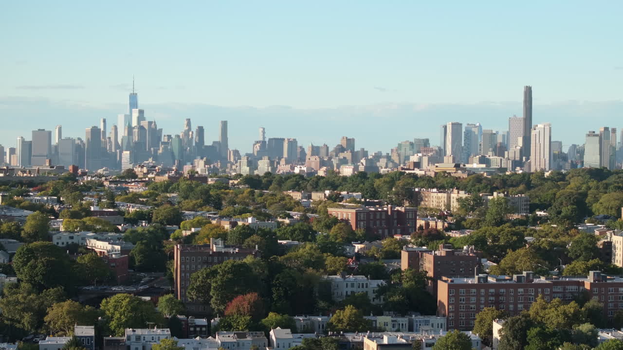 Establishing shot of The New York City skyline. Shot in Brooklyn in 4k.