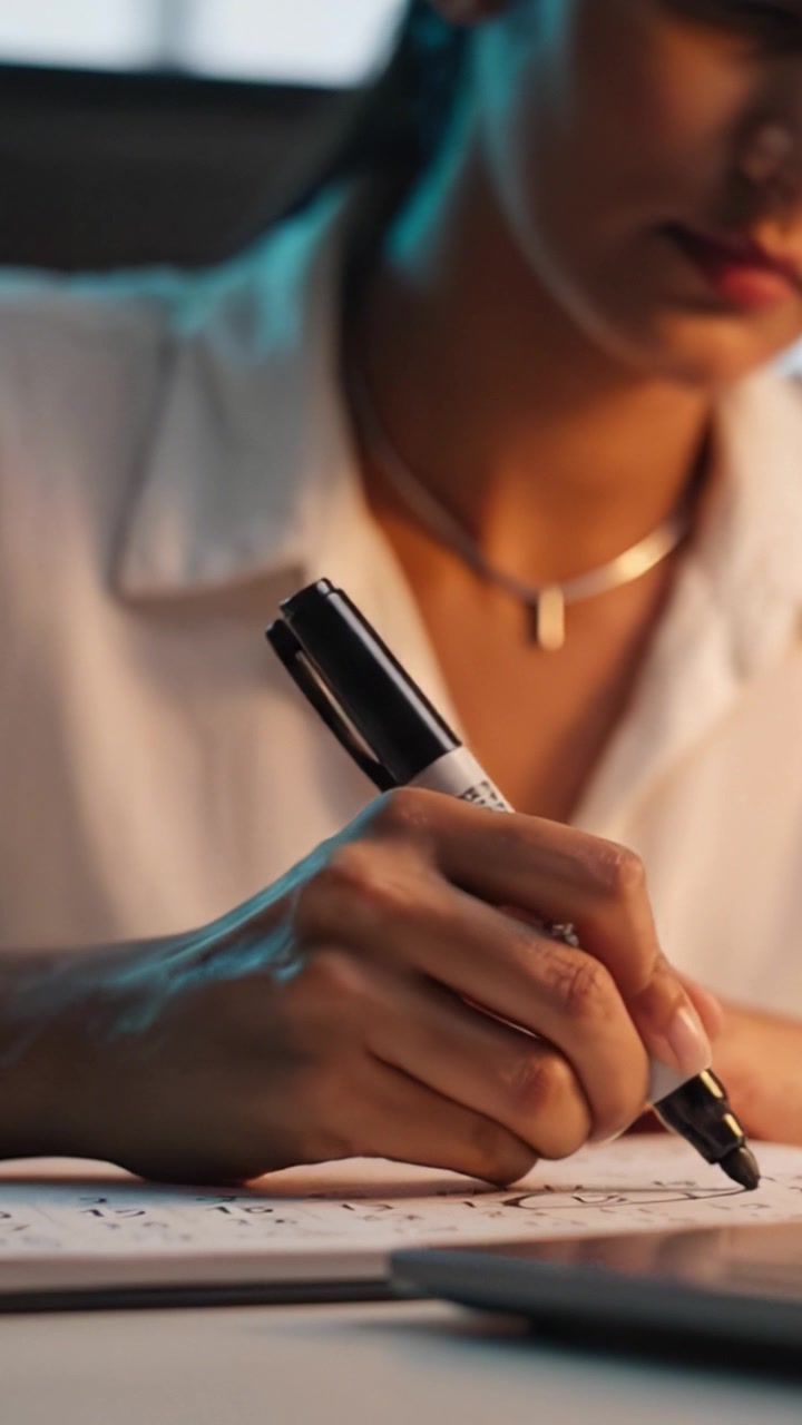 Focused Professional Writing with a Marker at a Desk, Capturing the Intent and Engagement of the Creative Process in Office Settings