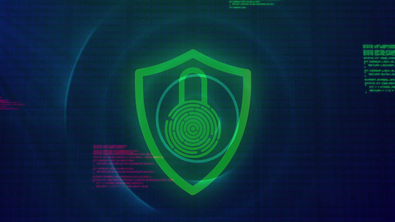 animazione di cerchi sopra il lucchetto in shied contro il linguaggio del computer su sfondo blu.