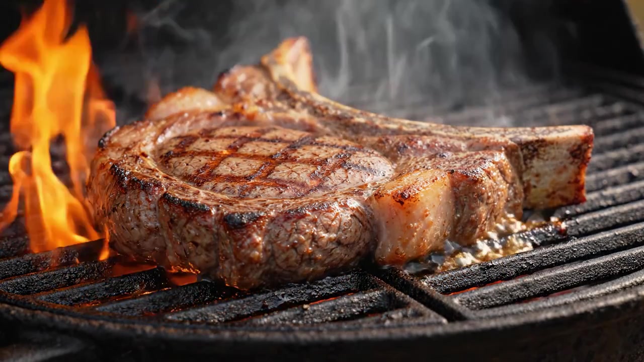 Sizzling Perfection: A Close-Up on a Juicy Grilled Pork Chop, Highlighting the Beautiful Grill Marks and Delicious Flames Enhancing the Flavor.